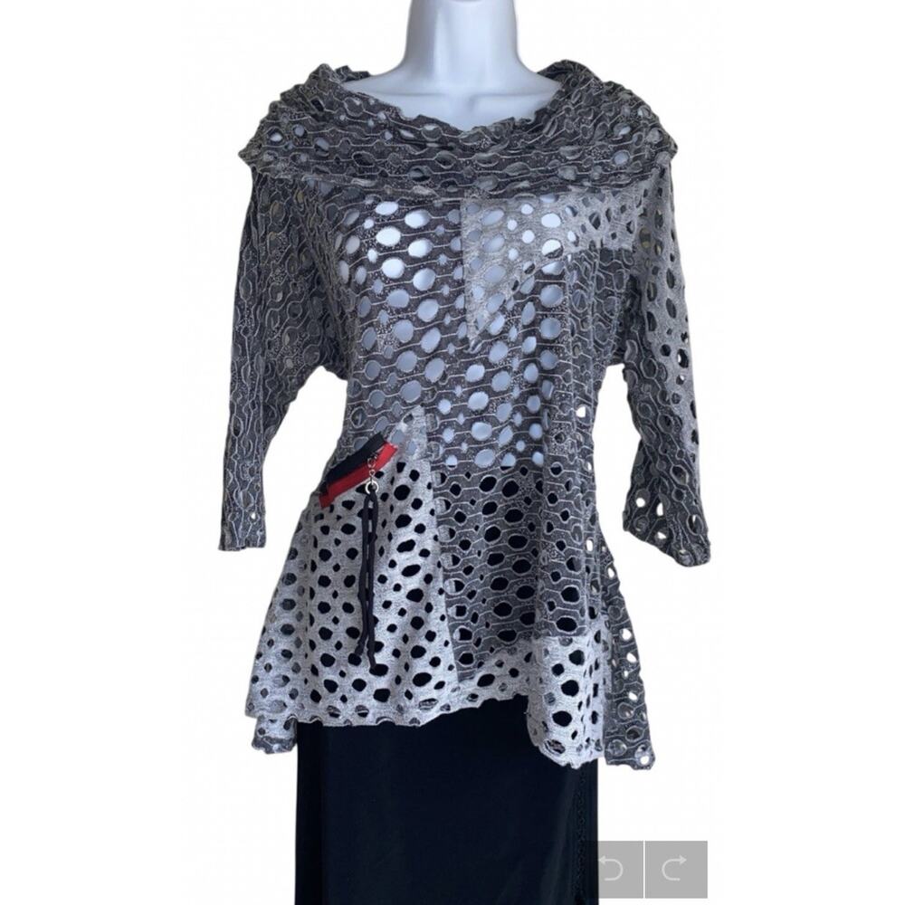Yushi Women's Plus Size 1X Gray Fish Net Designer Summer Tunic Blouse Stretchy